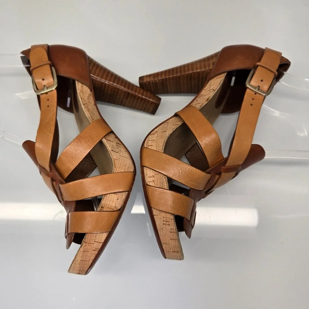Vintage Y2K Cole Haan Leather Sandals 6B Brown Cork Chunky Platform Heel Strappy